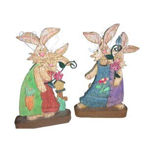 Easter Bunny Rabbit Carved Wood Look Decor Set of Two
